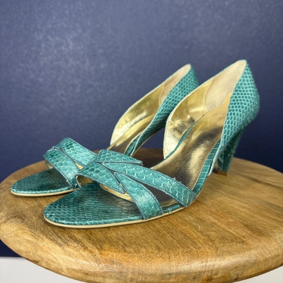 BCBGirls Emerald Green Turquoise Snake Open Toe Heels, Size 10 - Picture 1 of 10